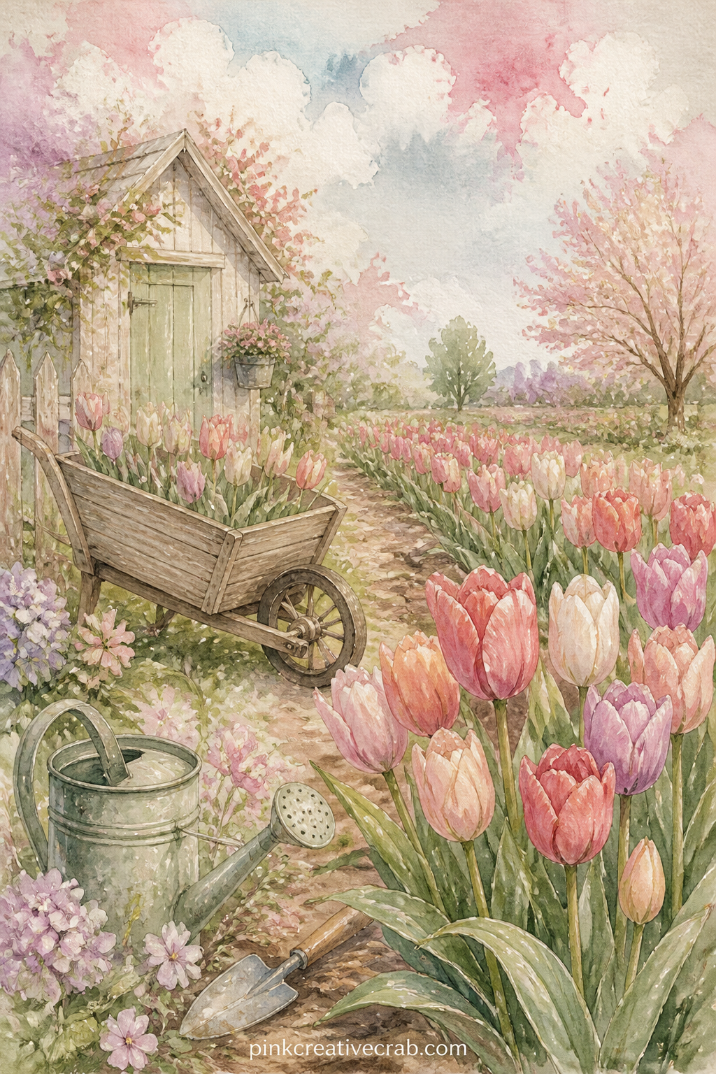 Spring Garden With Tulips and Wheelbarrow printable page — Tuck a seed packet or a photo of your own garden onto this page, since the open rows of tulips leave