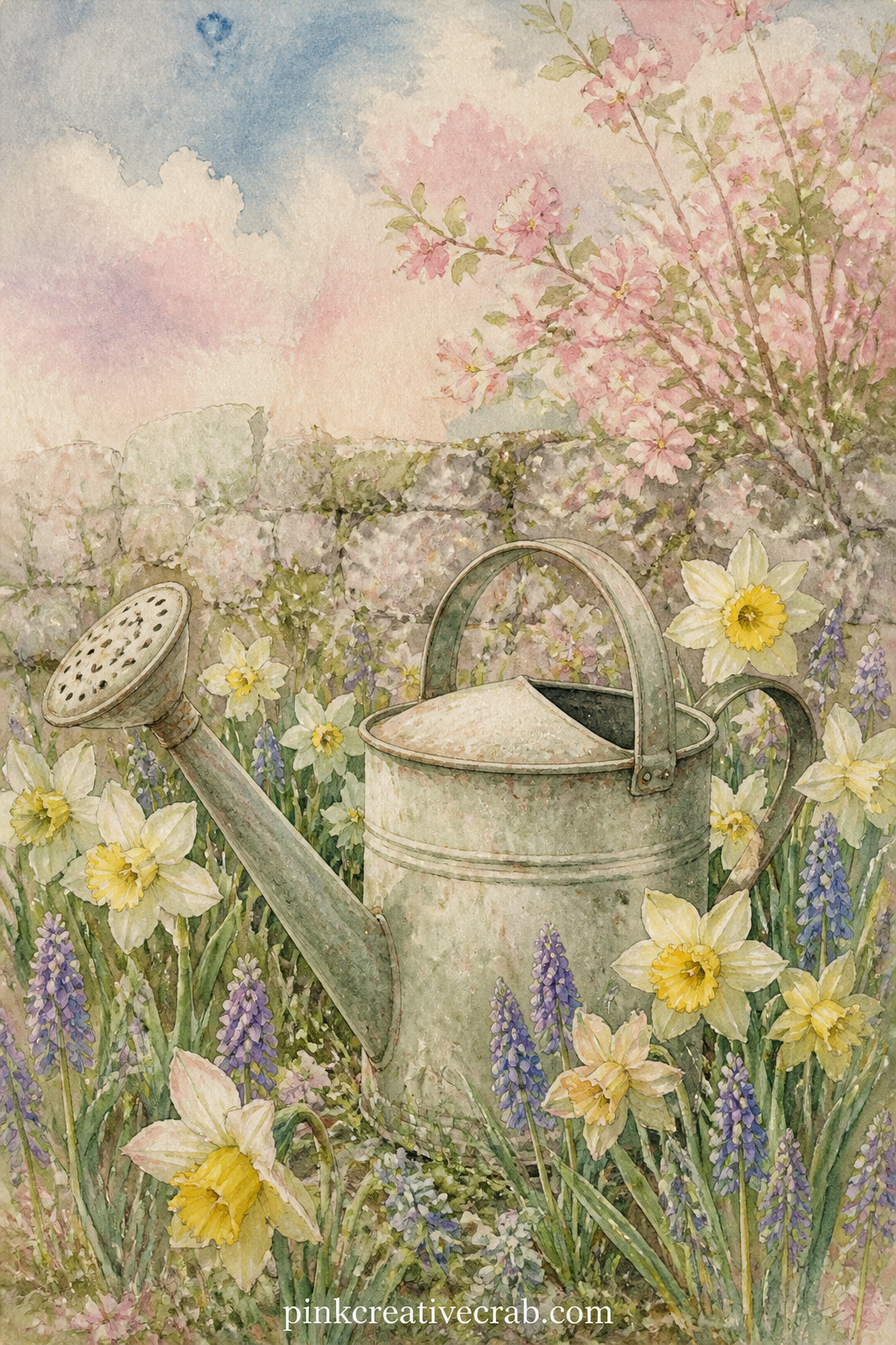 Watering Can in the Flower Bed printable page — A tin watering can rests among daffodils and grape hyacinth, with a low garden wall and painted morning sky