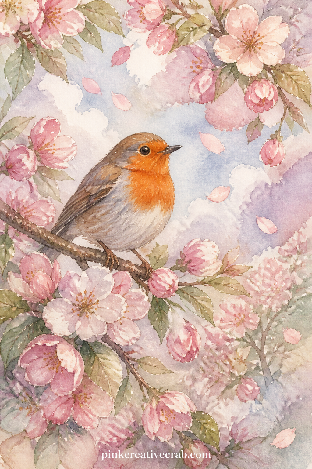 Robin on a Blossom Branch printable page — The usual mistake with a branch page like this is leaving too much bare paper around the bird: paint the sky in soft