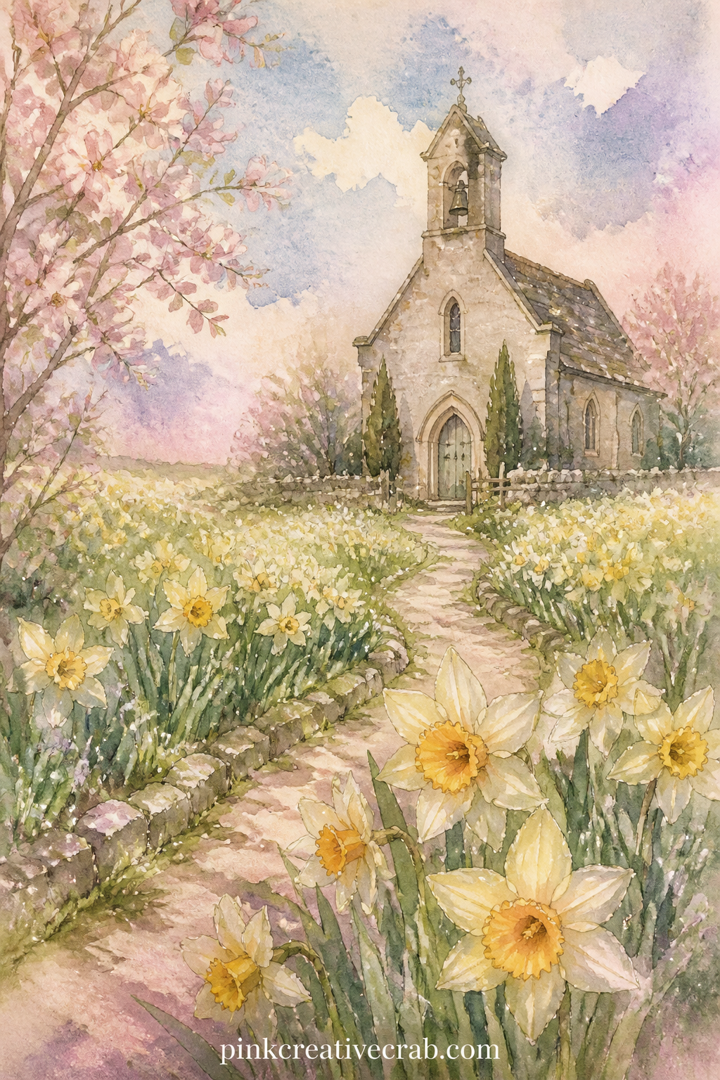 Church in a Field of Daffodils printable page — A small stone church with a bell tower stands at the edge of a daffodil field under a soft spring sky. Easter