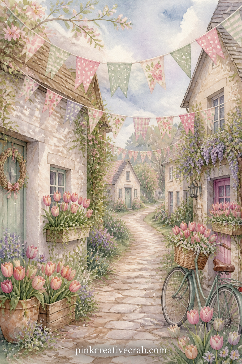 Village Lane With Easter Bunting printable page — This page works well as the five minute version of a spread: glue it in on its own with nothing added, and