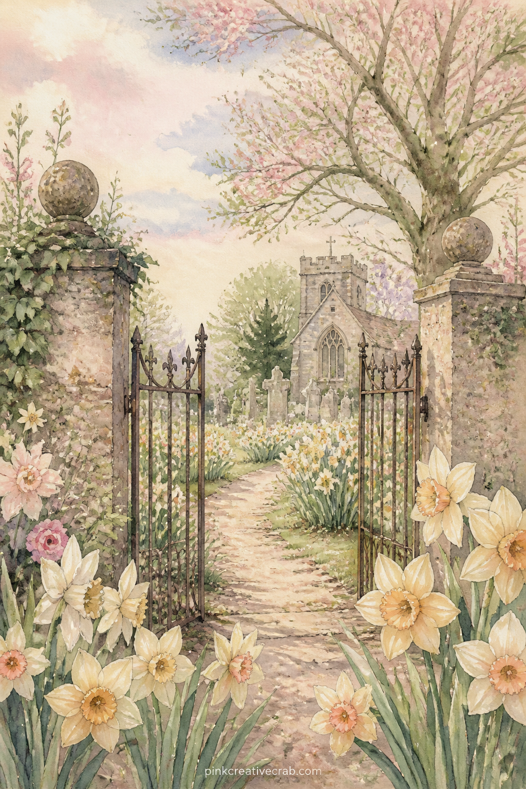 Churchyard Gate With Narcissus printable page — A low iron gate opens onto a churchyard path lined with narcissus, framed by old trees and a pale sky. Easter