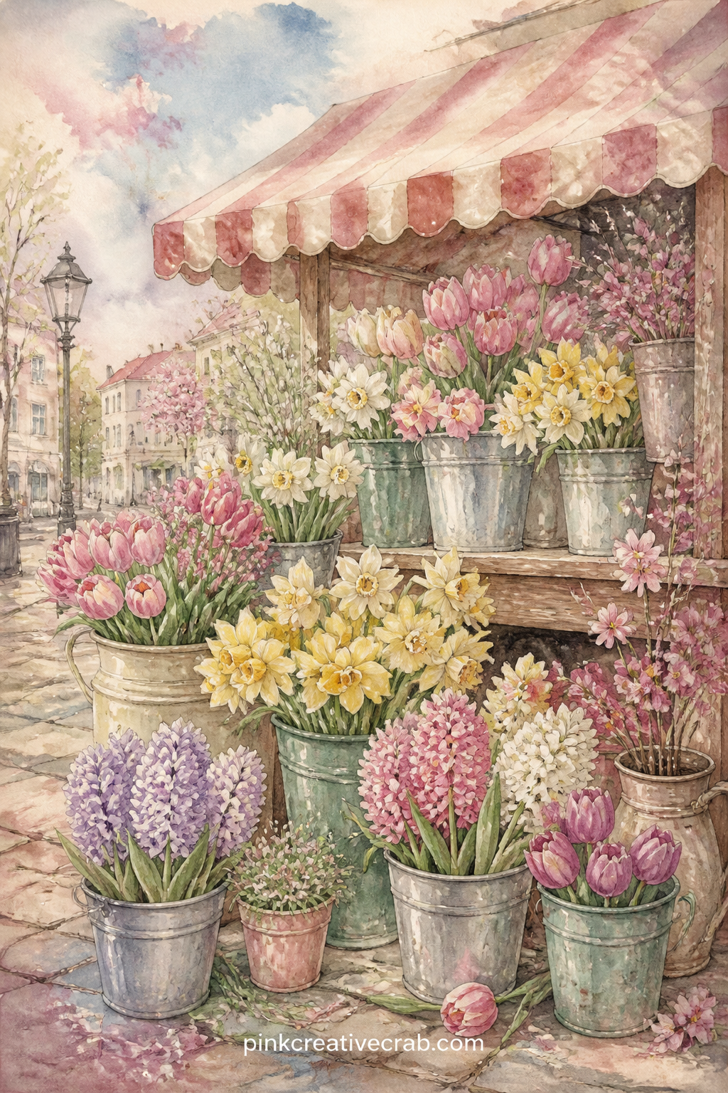 Market Stall of Spring Flowers printable page — Ask yourself what the village smelled like that morning, bread, flowers or rain, and write one line of the