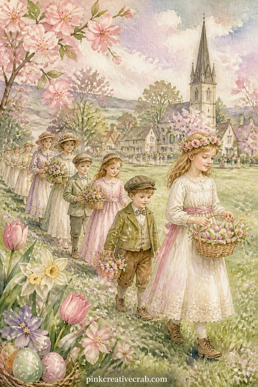 Easter Procession on a Village Green printable page — A small group walks across a village green carrying baskets and flowers, with the church spire visible in
