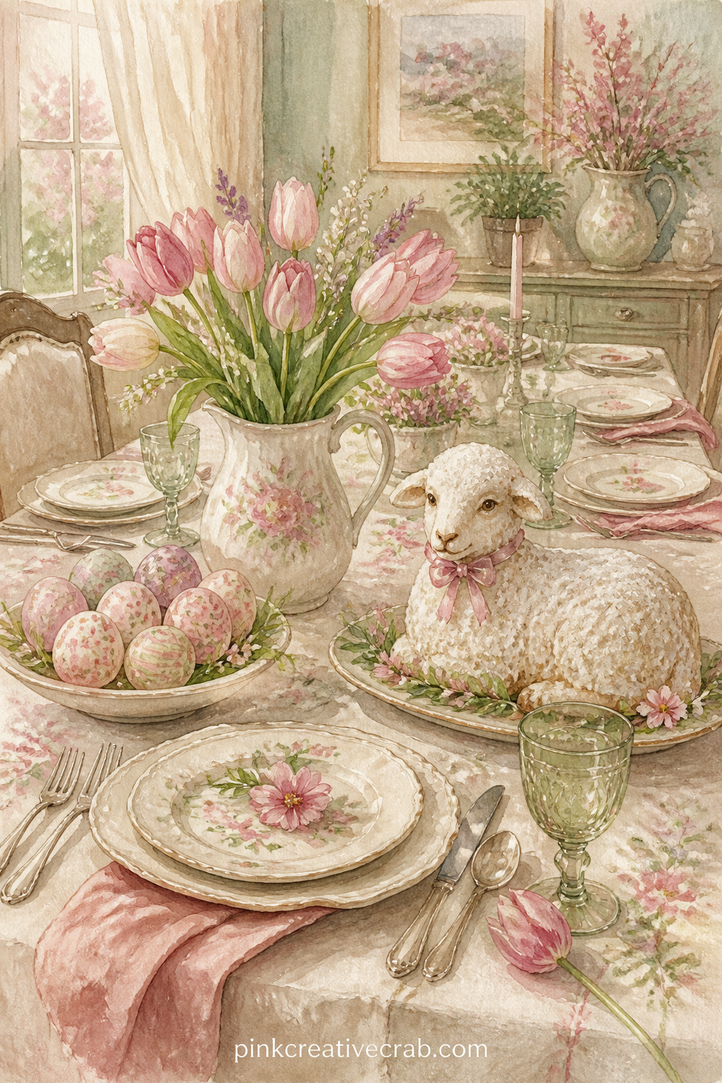 Family Easter Table With Lamb Cake printable page — A long table is set with a lamb-shaped cake, painted eggs in a bowl and a jug of tulips, linen cloth spread