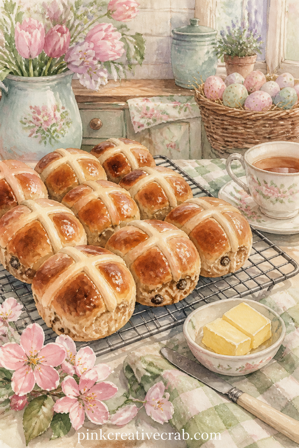 Hot Cross Buns on a Cooling Rack printable page — Write the family recipe for hot cross buns along the bottom of this page, or just the year you first tried