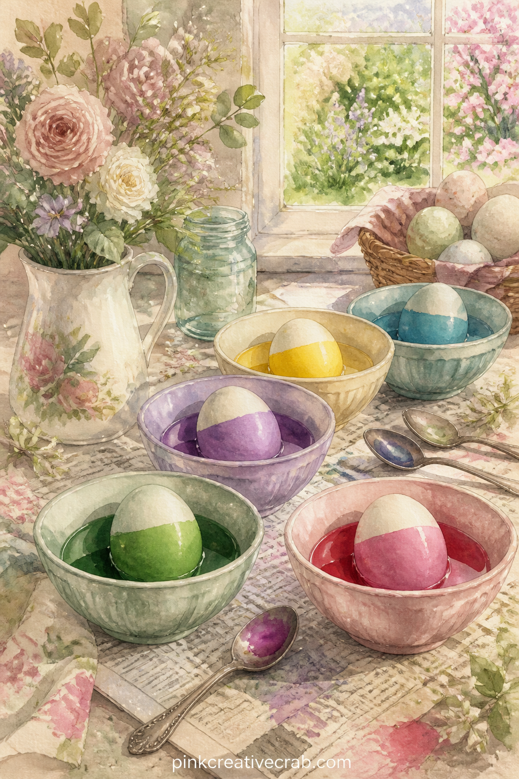 Egg Dyeing on the Kitchen Table printable page — Bowls of coloured dye sit in a row with eggs half dipped, spoons resting on a newspaper spread across the