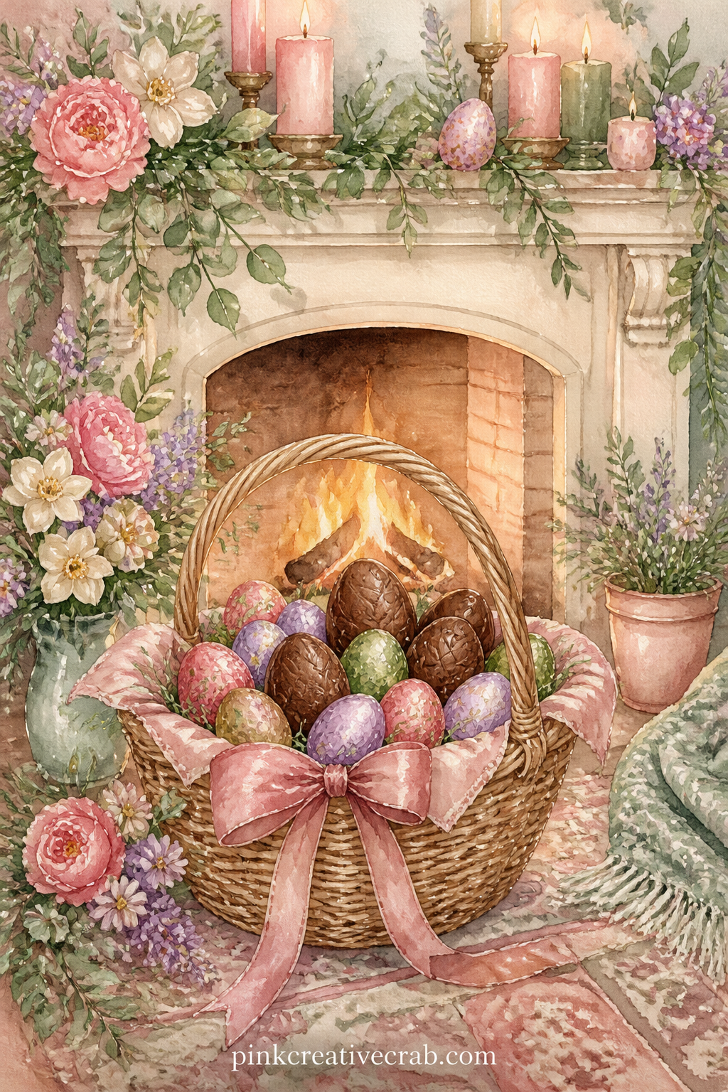 Easter Basket by the Fireplace printable page — A woven basket filled with chocolate eggs and ribbon sits on a hearth rug, with a mantel and soft firelight