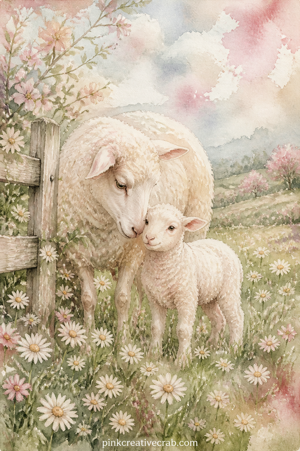 Spring Lamb in the Meadow printable page — A newborn lamb stands close to its mother in a green meadow dotted with daisies under a soft pale sky. Easter junk