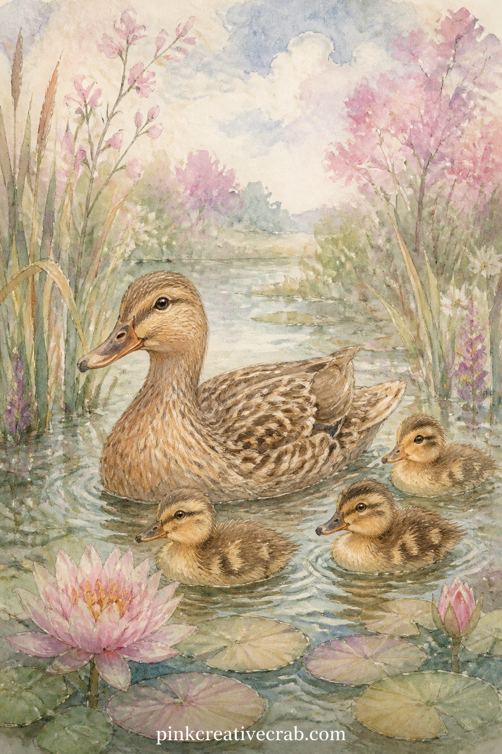Duckling Family by the Pond printable page — Pick one duckling on this page and give it a name in a line of writing underneath, the way you might label a photo