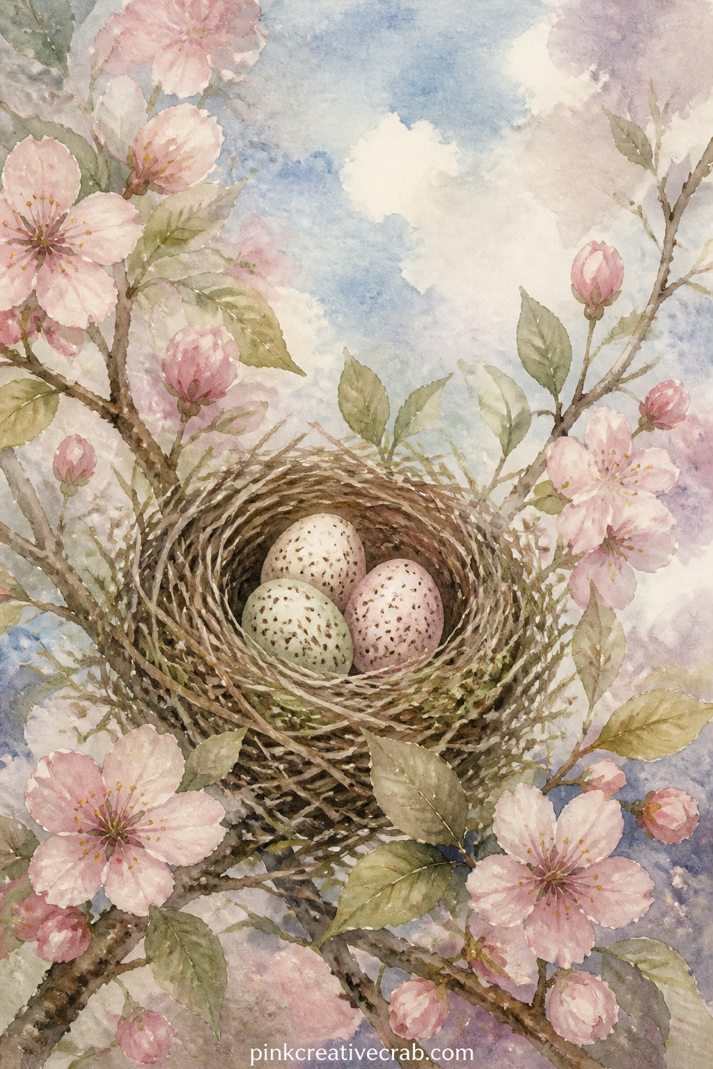 Bird's Nest With Speckled Eggs printable page — A nest holds three speckled eggs tucked into a blossoming branch, with soft sky painted behind the whole