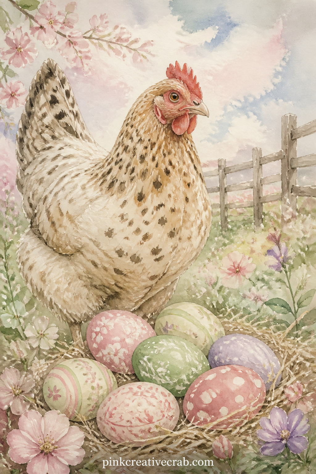 Hen and Her Painted Eggs printable page — A speckled hen stands guard over a small pile of painted eggs in the straw, a farmyard fence painted in the distance.