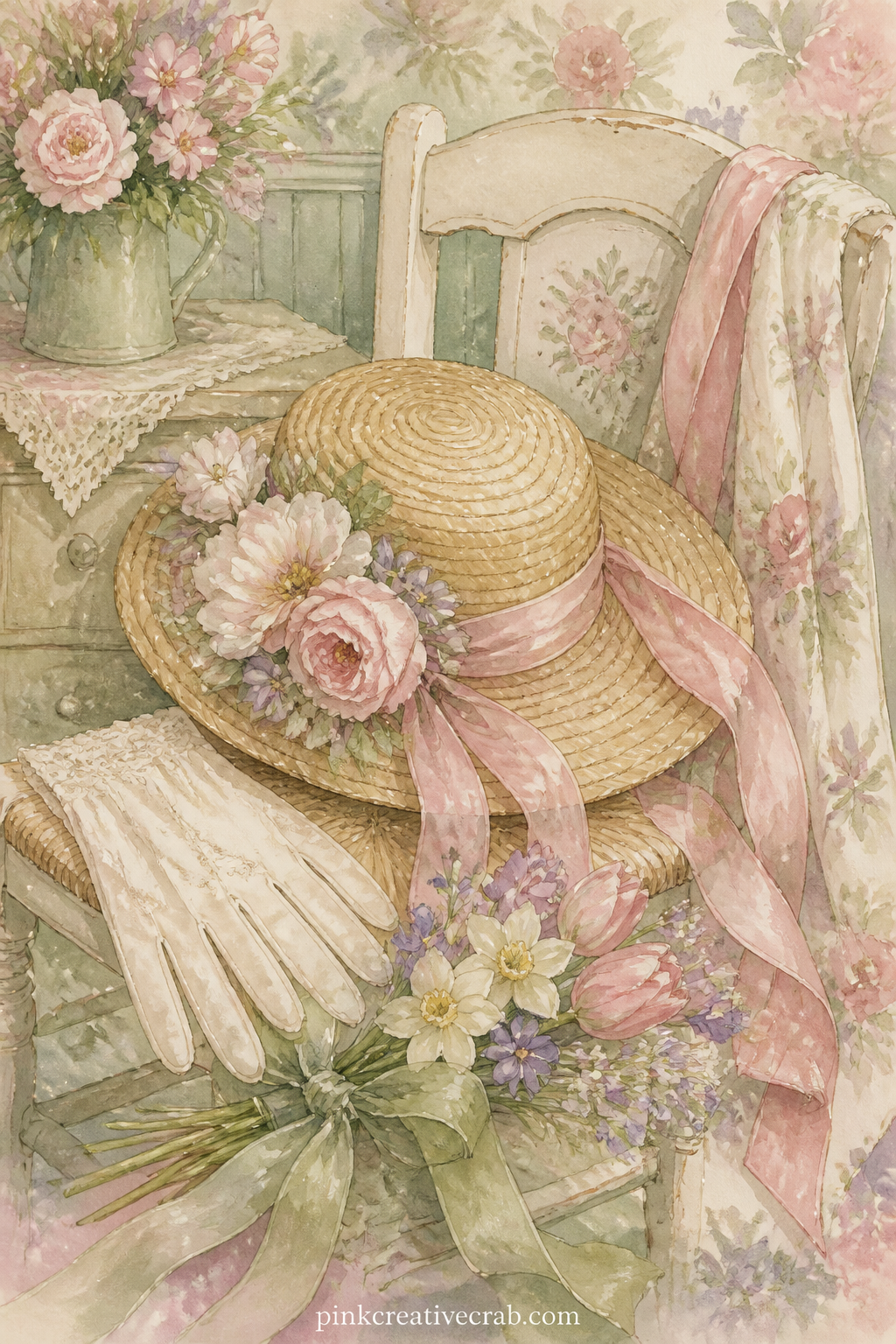 Easter Bonnet and Ribbon printable page — A straw bonnet trimmed with ribbon and silk flowers rests on a chair, with a pair of gloves and a small spring posy
