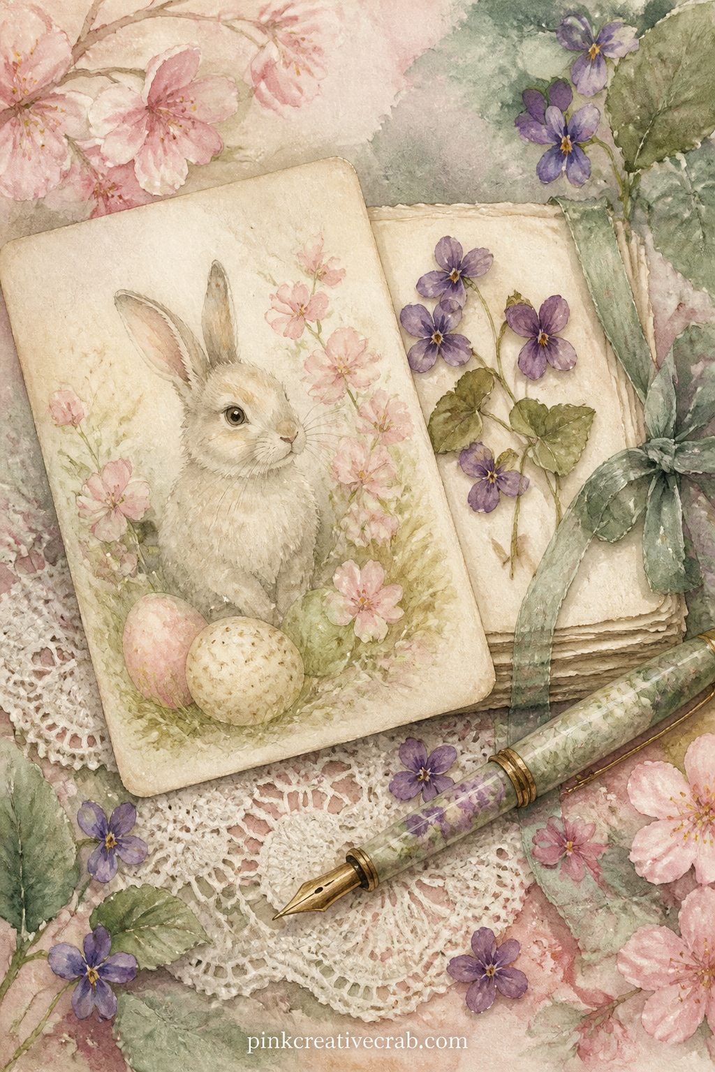 Easter Card and Pressed Violets printable page — An old Easter card leans against a small stack of pressed violets and a fountain pen, a lace doily spread