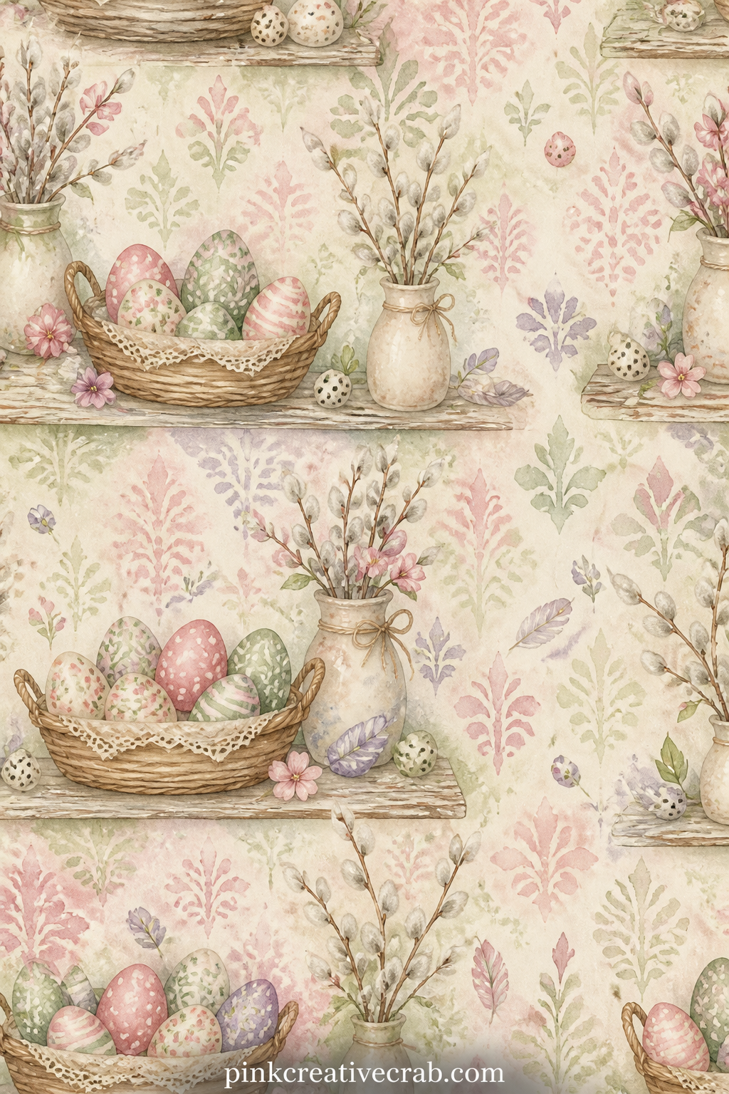 Basket of Decorated Eggs on a Shelf printable page — Decorated eggs in a shallow basket sit on a wooden shelf beside a small vase of pussy willow, wallpaper