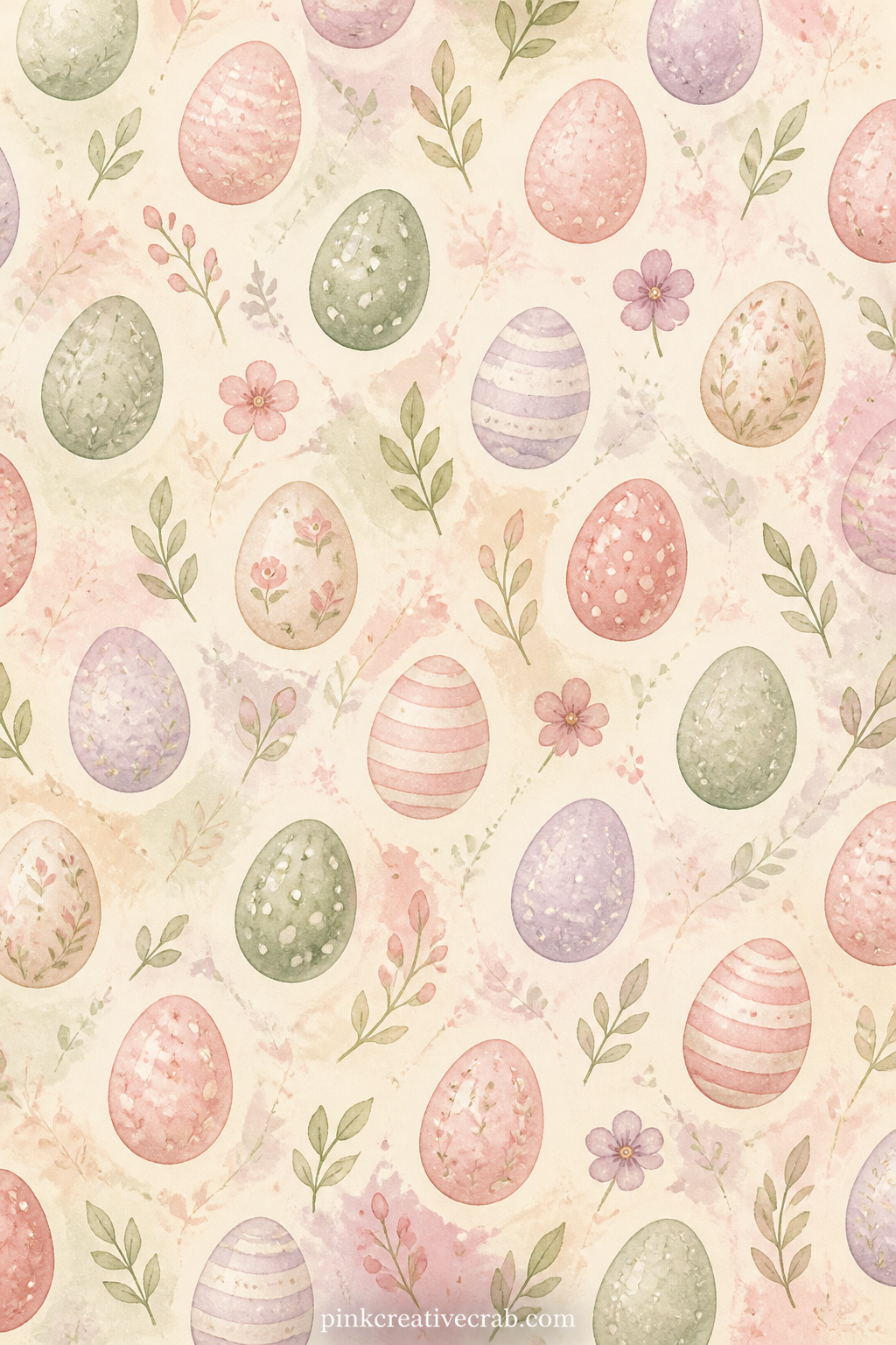 Pastel Eggs Pattern printable page — Scattered pastel eggs in soft rose, sage and cream repeat across the page. Easter junk journal