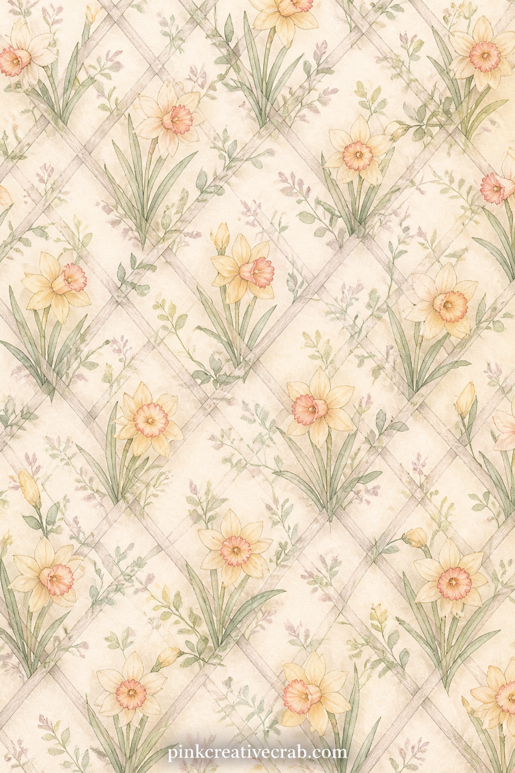 Daffodil Trellis Pattern printable page — Daffodils climb a faint trellis line across the whole sheet. Easter junk journal