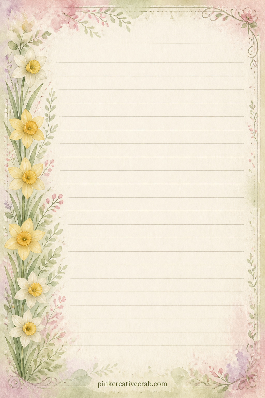 Garden Notes Lined Page printable page — A thin band of daffodils runs down the left side of this page. Easter junk journal