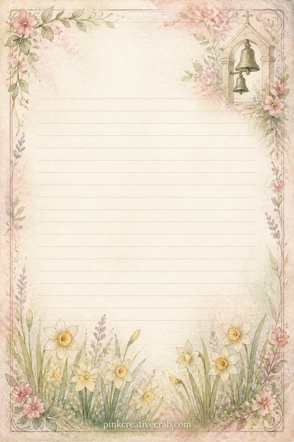 Church Bells Lined Page printable page — A faint sprig of narcissus sits along the bottom edge of this page. Easter junk journal