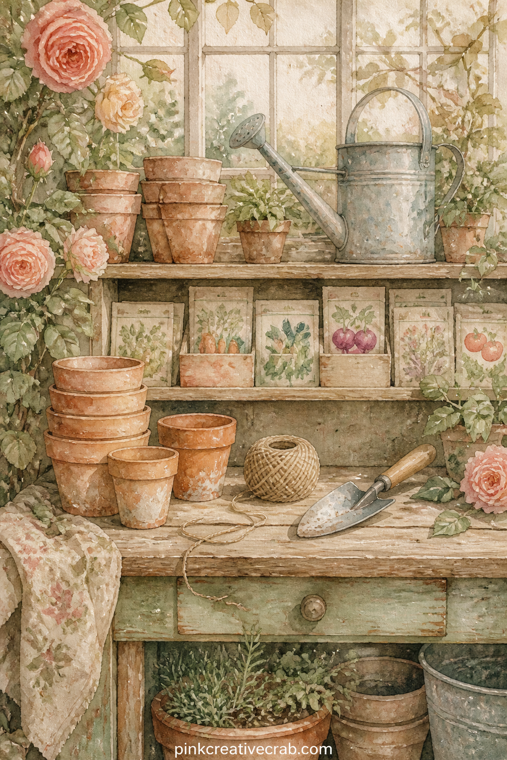 Potting Shed Workbench printable page — Write the names of three seed varieties you planted this season along the bottom edge, right under the row of clay