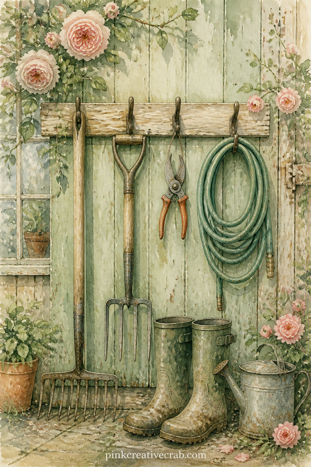 Tool Rack by the Door printable page — Pair this page with the Seed Packet Pattern background from later in this set: use the pattern as a facing page so the