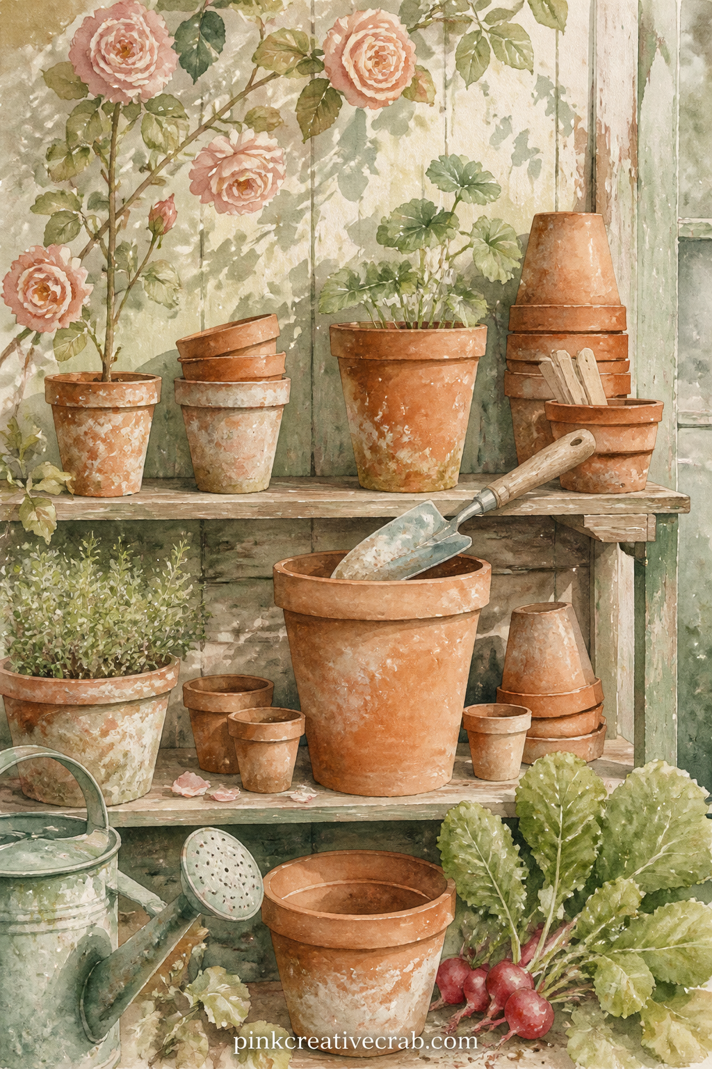 Shelf Of Terracotta Pots printable page — Tea-stain the top edge of this page before gluing it in, so the stacked pots look like they have sat in a sunny shed