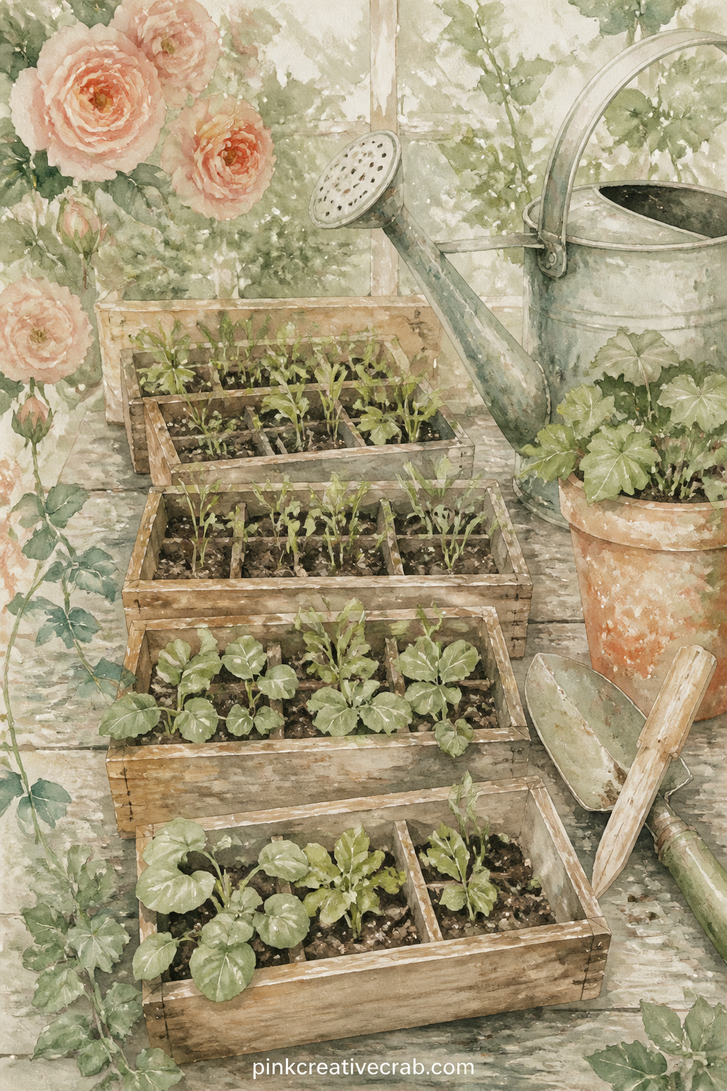 Seed Starting Trays printable page — Fits best on a page facing the Vegetable Bed section further on, since both pages carry the same soft green of new