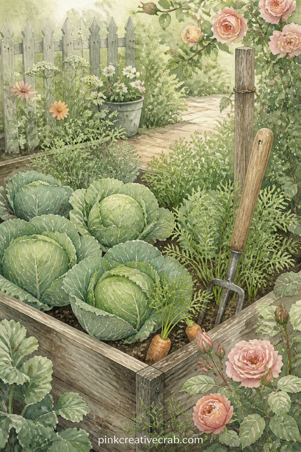 Vegetable Bed With Cabbages printable page — The usual mistake here is leaving the page too bare around the cabbages, so this scene fills the bed edge to edge
