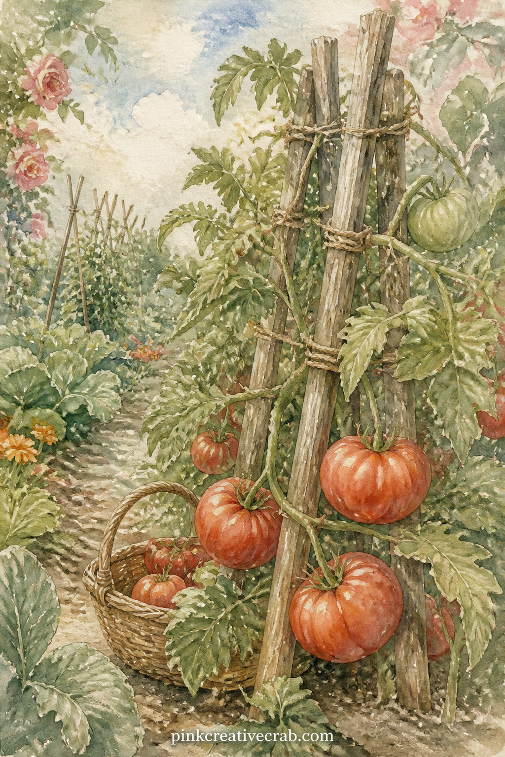 Tomato Stakes And Twine printable page — Place this one right after the Carrot and Radish Rows page so the two sit as a pair, the pale carrot tops on the left