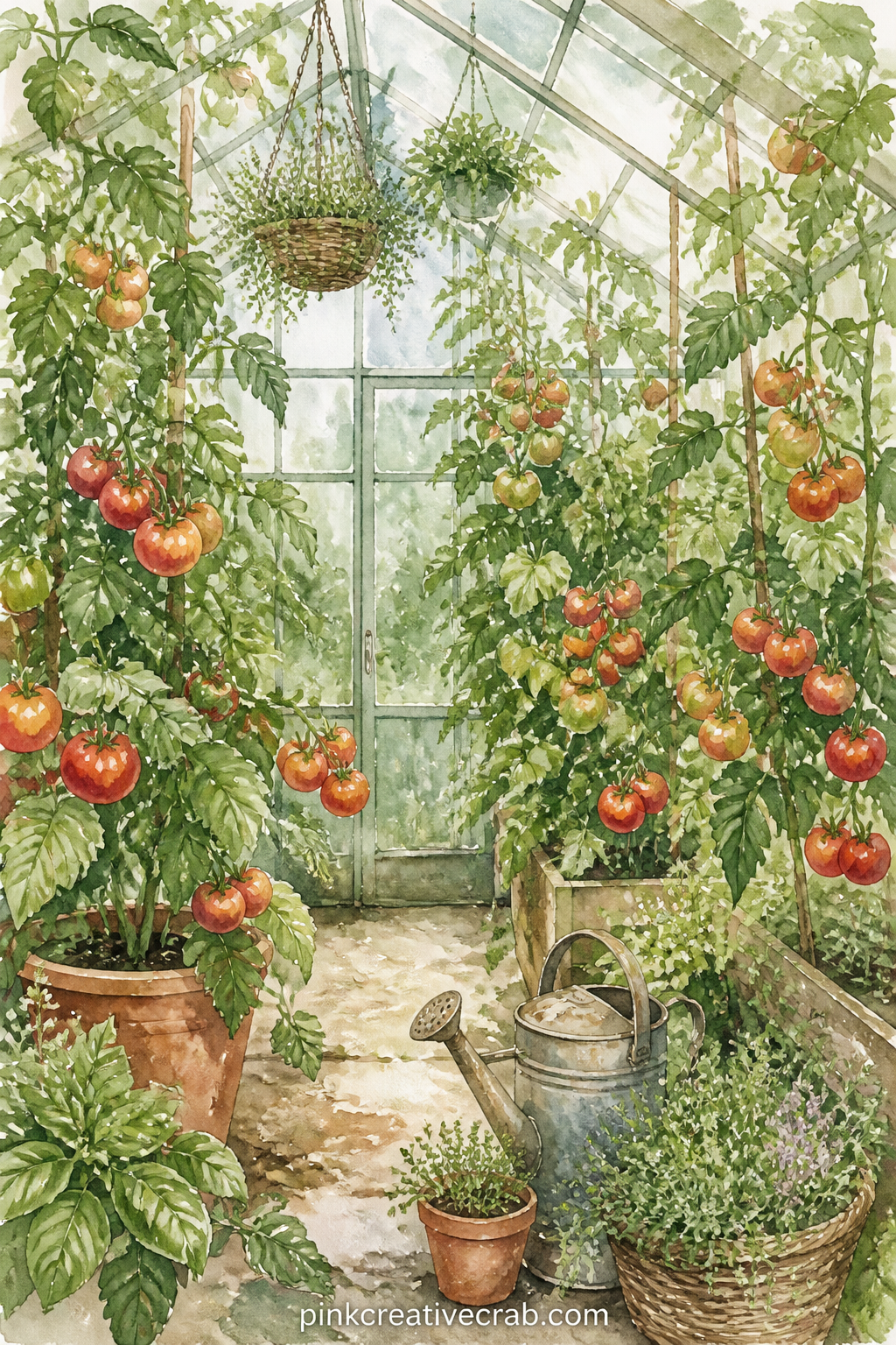 Greenhouse Full Of Tomatoes printable page — Greenhouse glass painted in pale washes lets light fall across the whole page, so tomato vines, hanging baskets