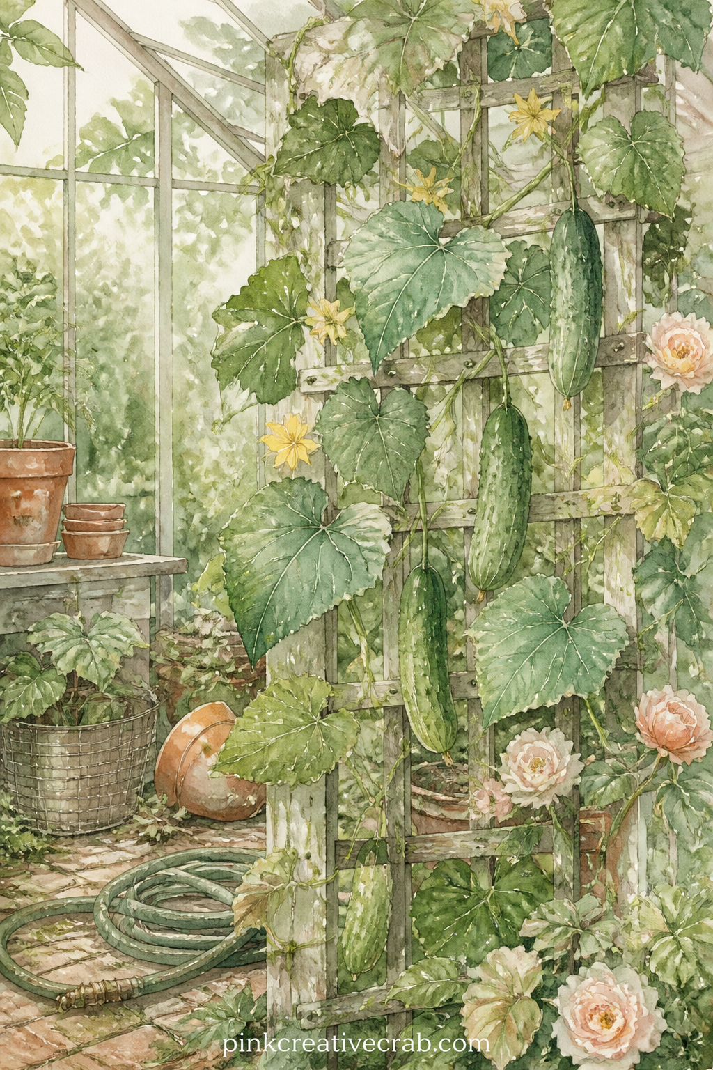 Cucumber Vines On Trellis printable page — Cut a narrow window into this page before gluing it down, so a photo tucked on the layer beneath peeks through the