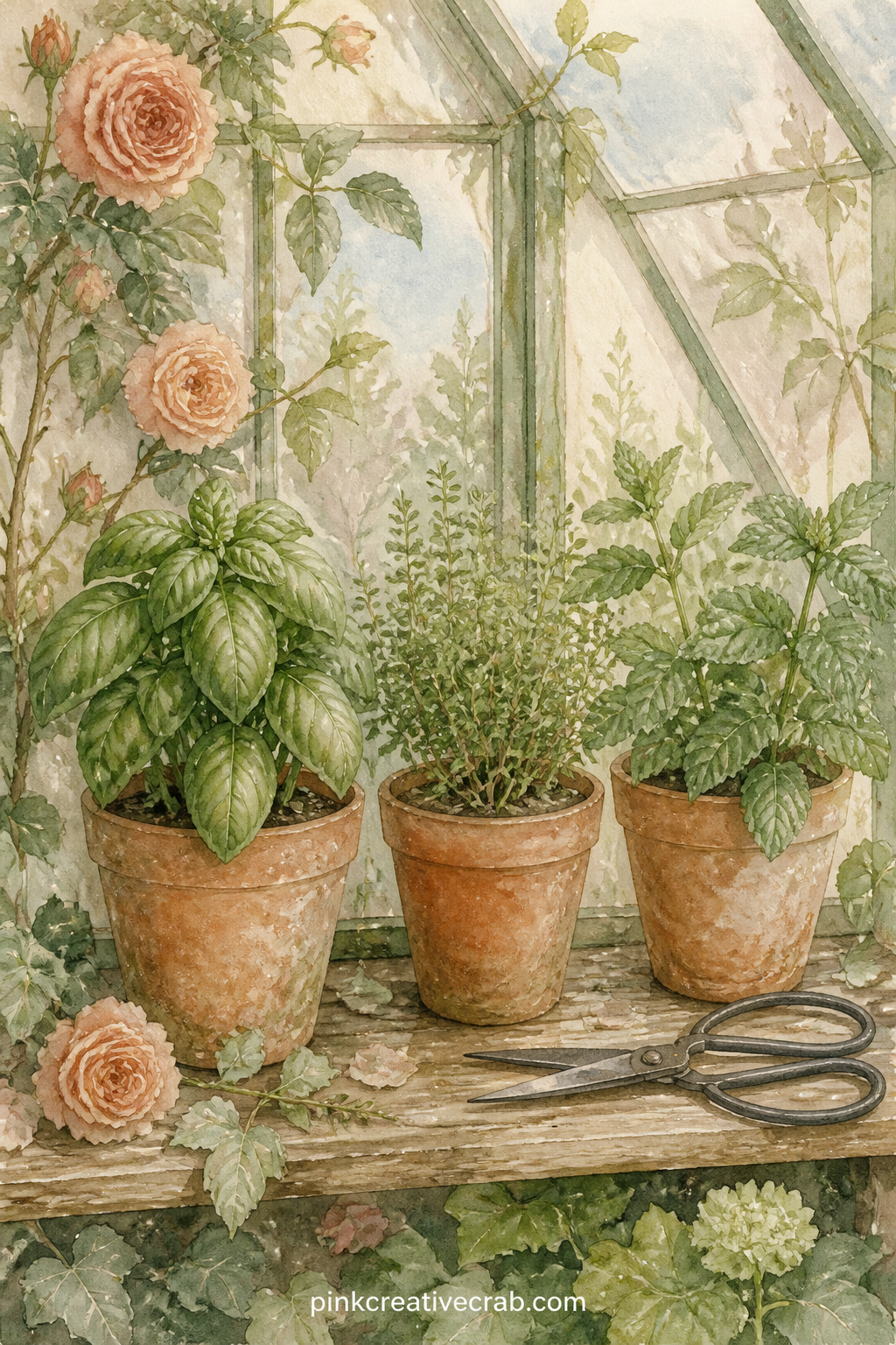 Herb Pots On A Windowsill printable page — Basil, thyme, mint, rosemary: note which one keeps dying on you and which one you cannot kill, right along the