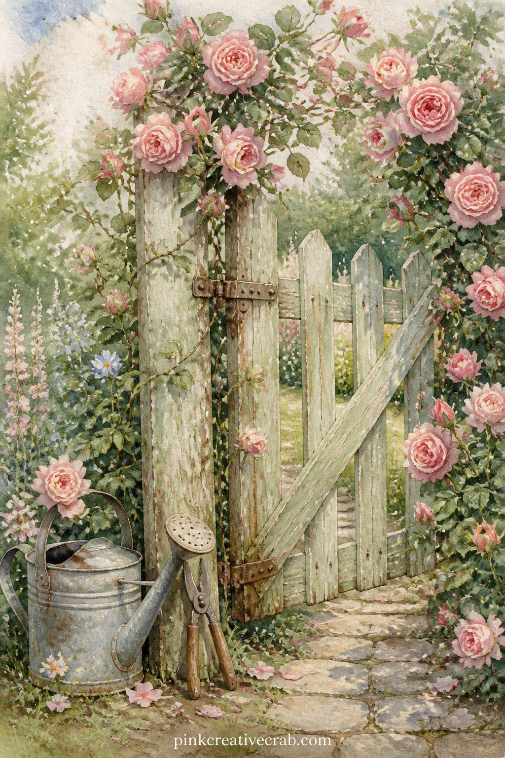 Garden Gate With Climbing Roses printable page — Climbing roses cover the gate from post to post here, with a few petals painted loose on the path below so the