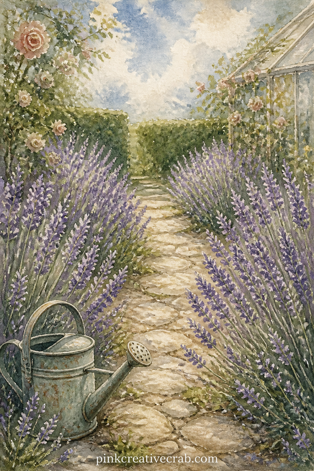 Lavender Border Path printable page — The usual mistake with a lavender page is making the border too thin, so this one runs a full thick hedge of lavender