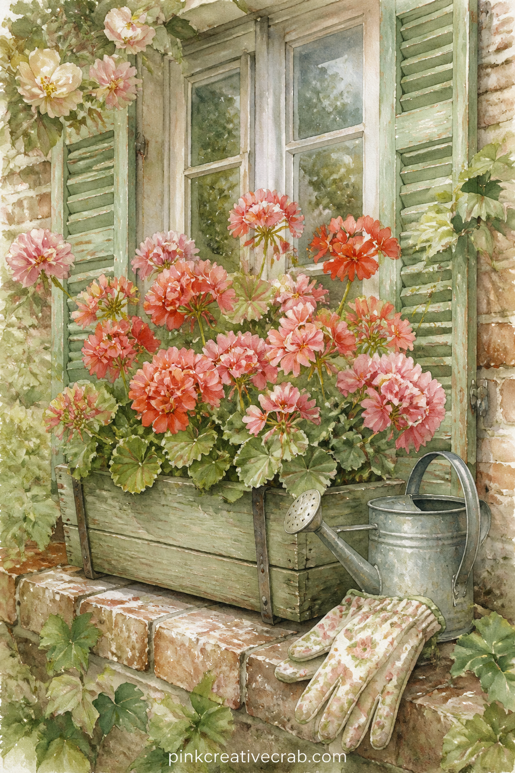 Window Box Of Geraniums printable page — Good for a gift journal made for someone with a small balcony rather than a full garden, since this scene fits a