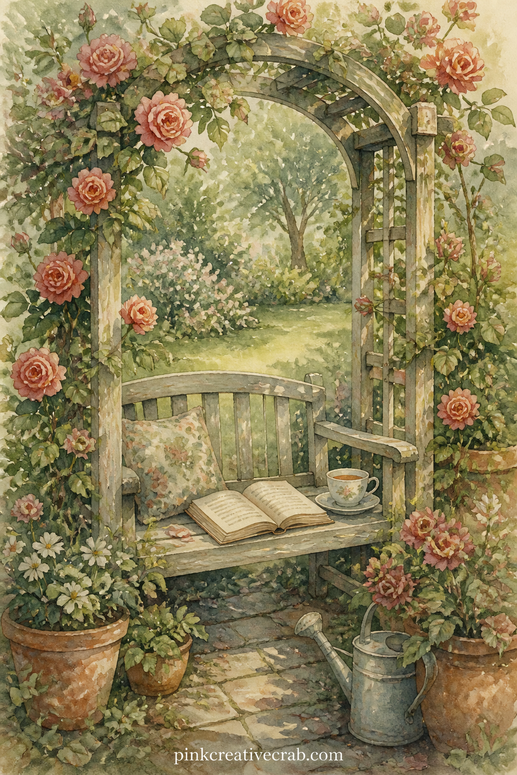 Rose Arbor Reading Corner printable page — Fold this page gently down the middle before gluing it in, so the arbor seems to open like a small doorway when the