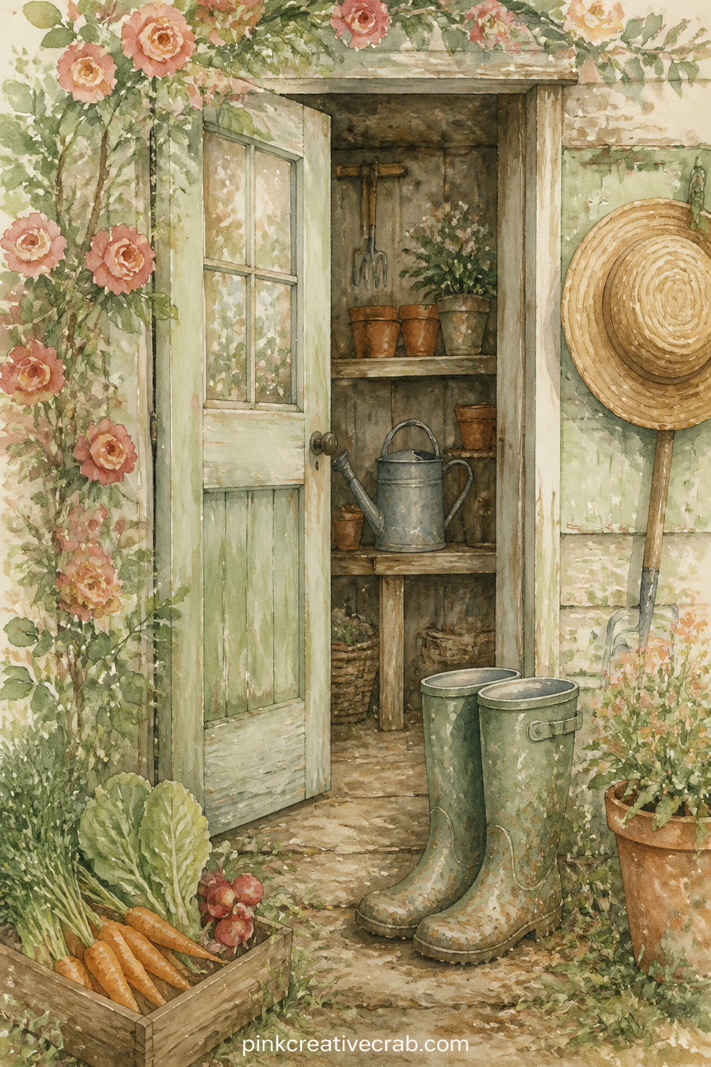 Garden Shed Doorway With Boots printable page — Worth gluing in near the start of a new gardening journal, since muddy boots by an open shed door make a quiet