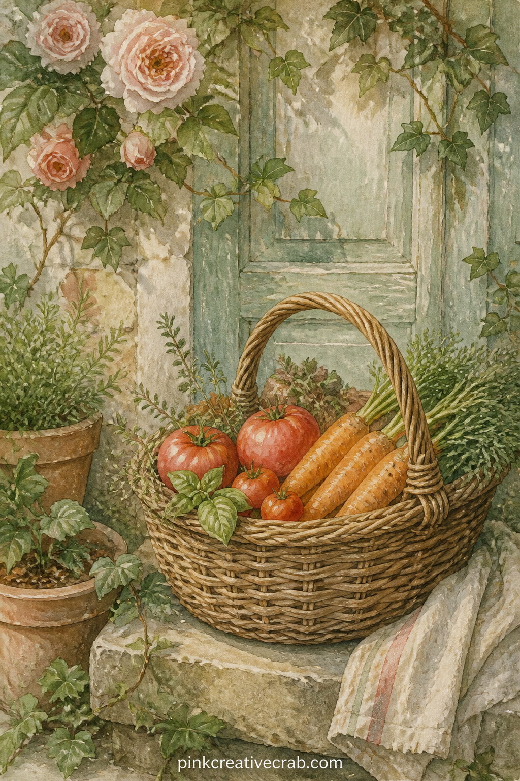 Harvest Basket On The Step printable page — Tuck a real pressed leaf or a small dried flower under the basket handle once this page is glued in, it sits