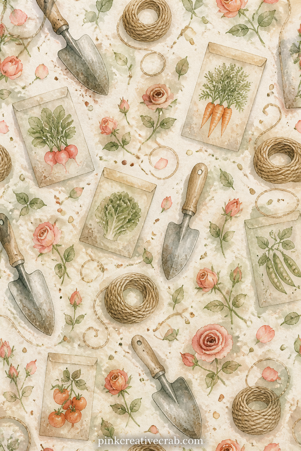 Seed Packets And Trowels Pattern printable page — A repeating field of small paper seed packets, hand trowels and twine balls, suited to a cover sheet, a