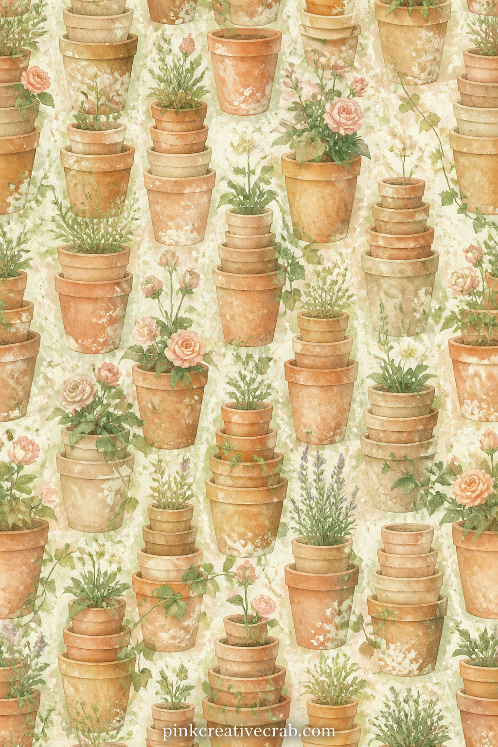 Clay Pot Stack Pattern printable page — Rows of stacked terracotta pots in varying sizes tile this page, good under a potting shed photo, as a lining behind