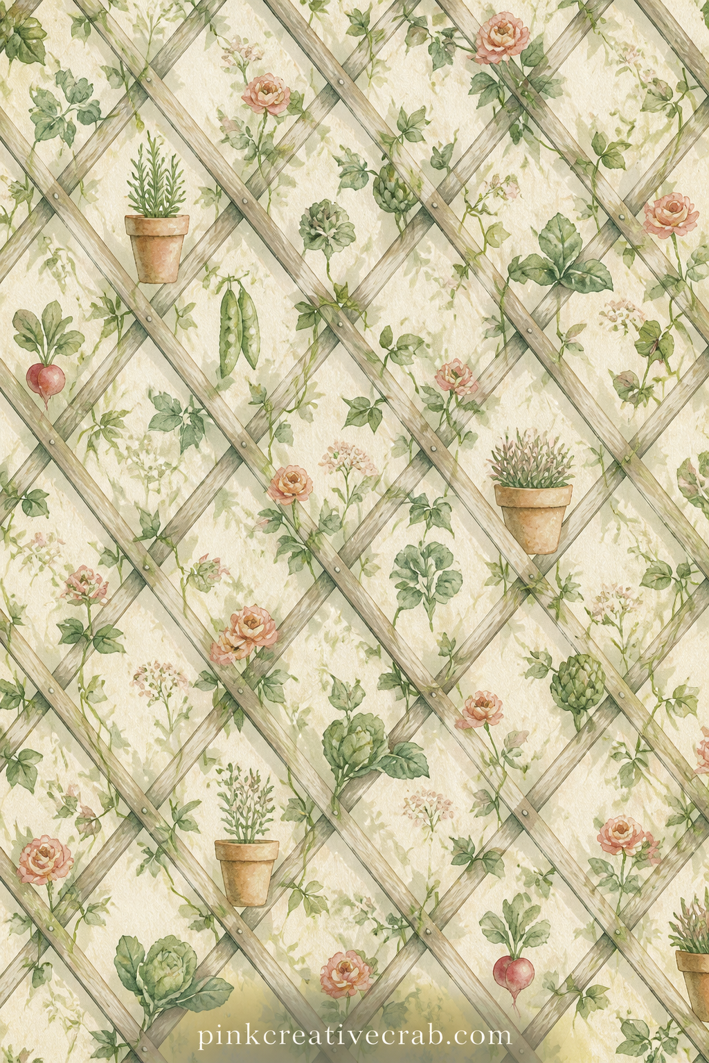 Garden Trellis Diamond Pattern printable page — A diamond lattice of thin green trellis lines with tiny climbing leaves threading through it, useful behind a