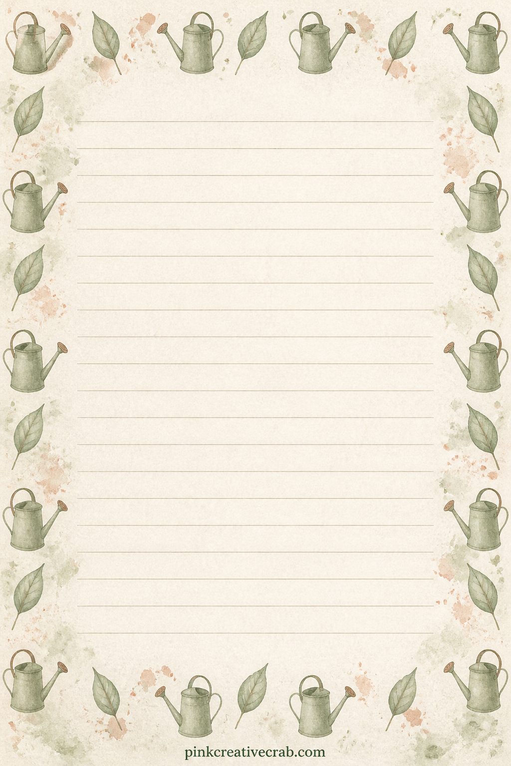 Watering Can And Leaf Pattern printable page — Small watering cans alternate with single leaves across this page, suited to a cover for the whole journal, a