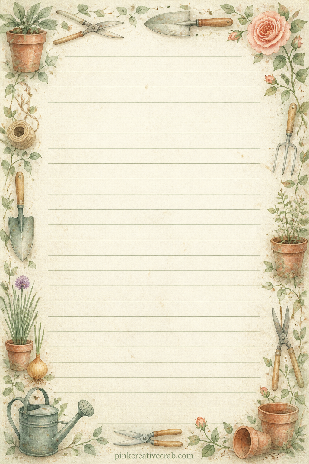Garden Tool Frame Lined Page printable page — Good for a simple gift list of tools or seeds someone mentioned wanting, or a shopping list for the next trip to