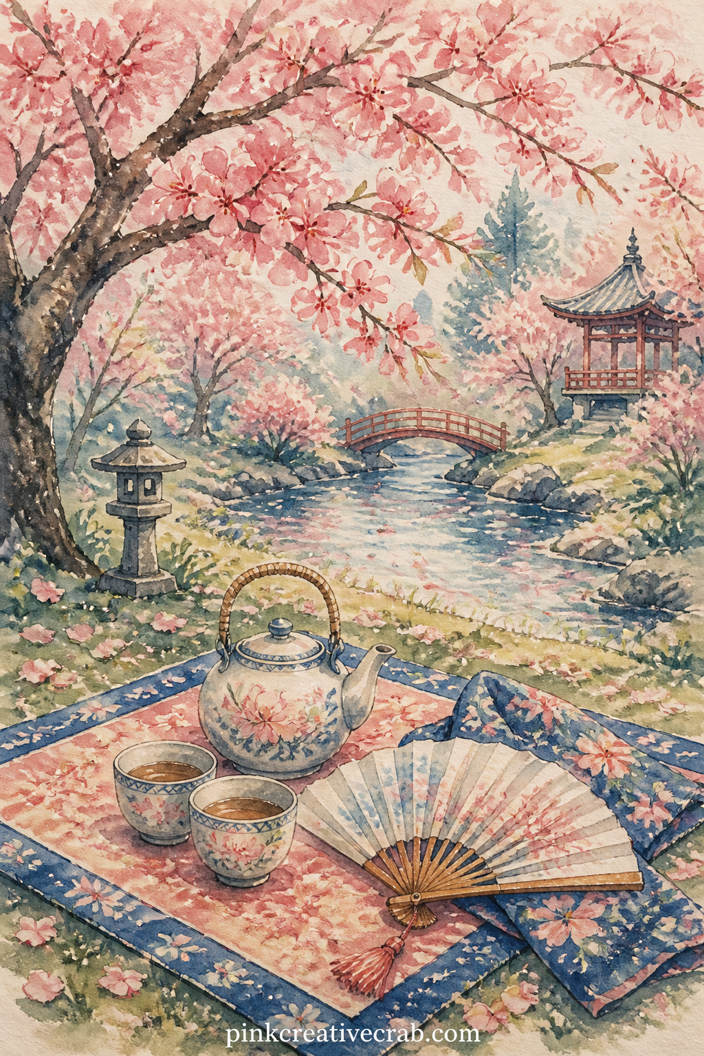 Cherry Blossom Picnic Under The Trees printable page — A blue picnic mat sits under a blossoming tree with a teapot, two cups and a folded fan resting on its