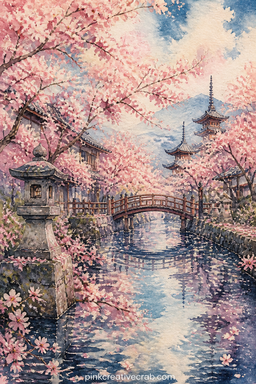 Cherry Blossoms Along The Canal printable page — Petals drift across a quiet canal lined with stone lanterns and low wooden bridges, pink branches arching over