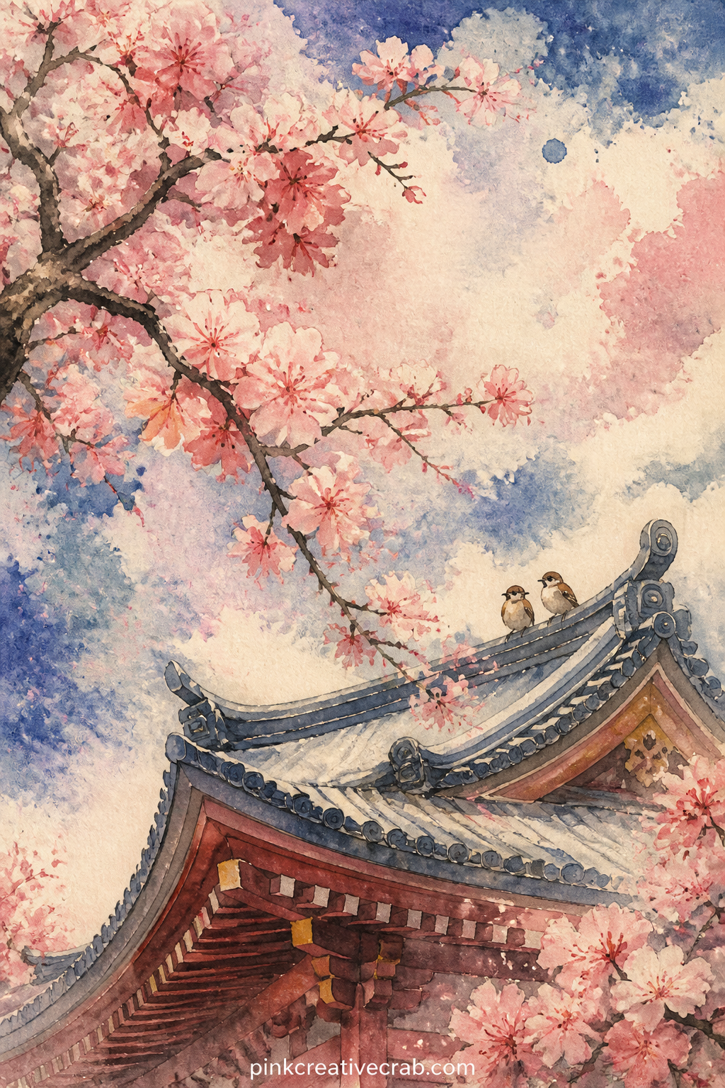Cherry Blossom Branch Over A Temple Roof printable page — Pair this one with the wave and fan pattern page later in the set: use the pattern as a facing page