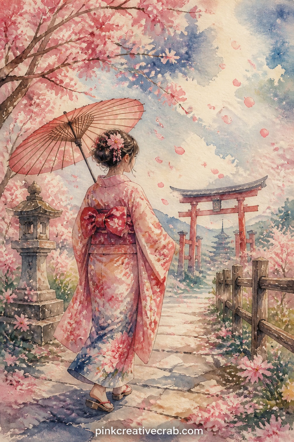 Girl In Kimono Beneath Falling Petals printable page — Tea-stain just the bottom edge of this page before gluing it in, so the petals seem to drift into a