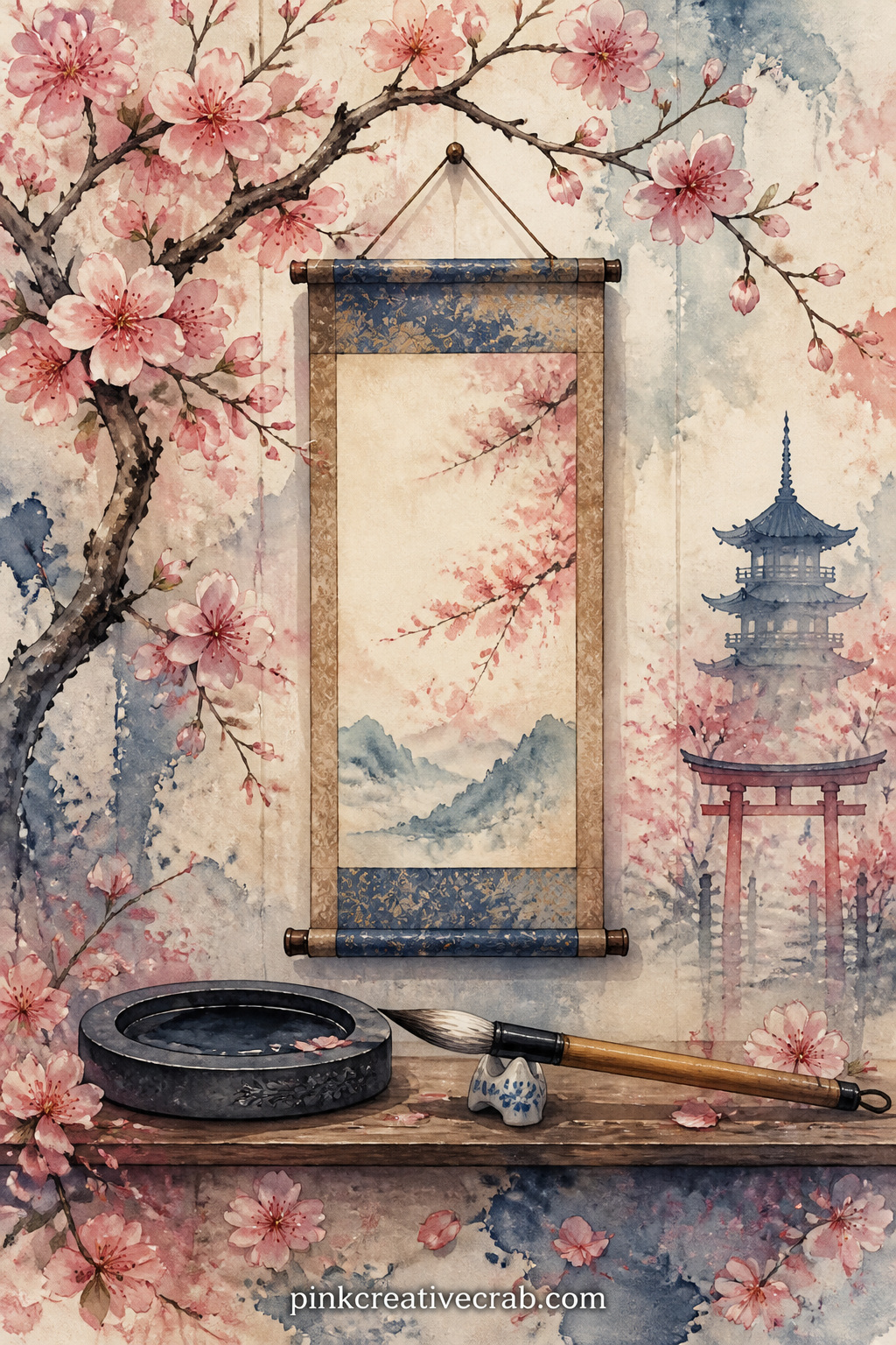 Cherry Blossom Branch With Haiku Scroll printable page — Blossoms curve around a small hanging scroll left blank for your own haiku, with a tiny brush and ink