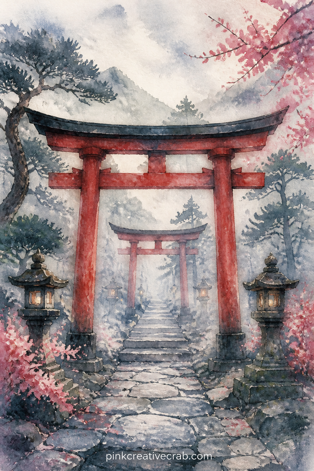 Red Torii Gate In The Mist printable page — Soft grey fog rolls between two red torii gates set one behind the other on a stone path, with a stand of pine