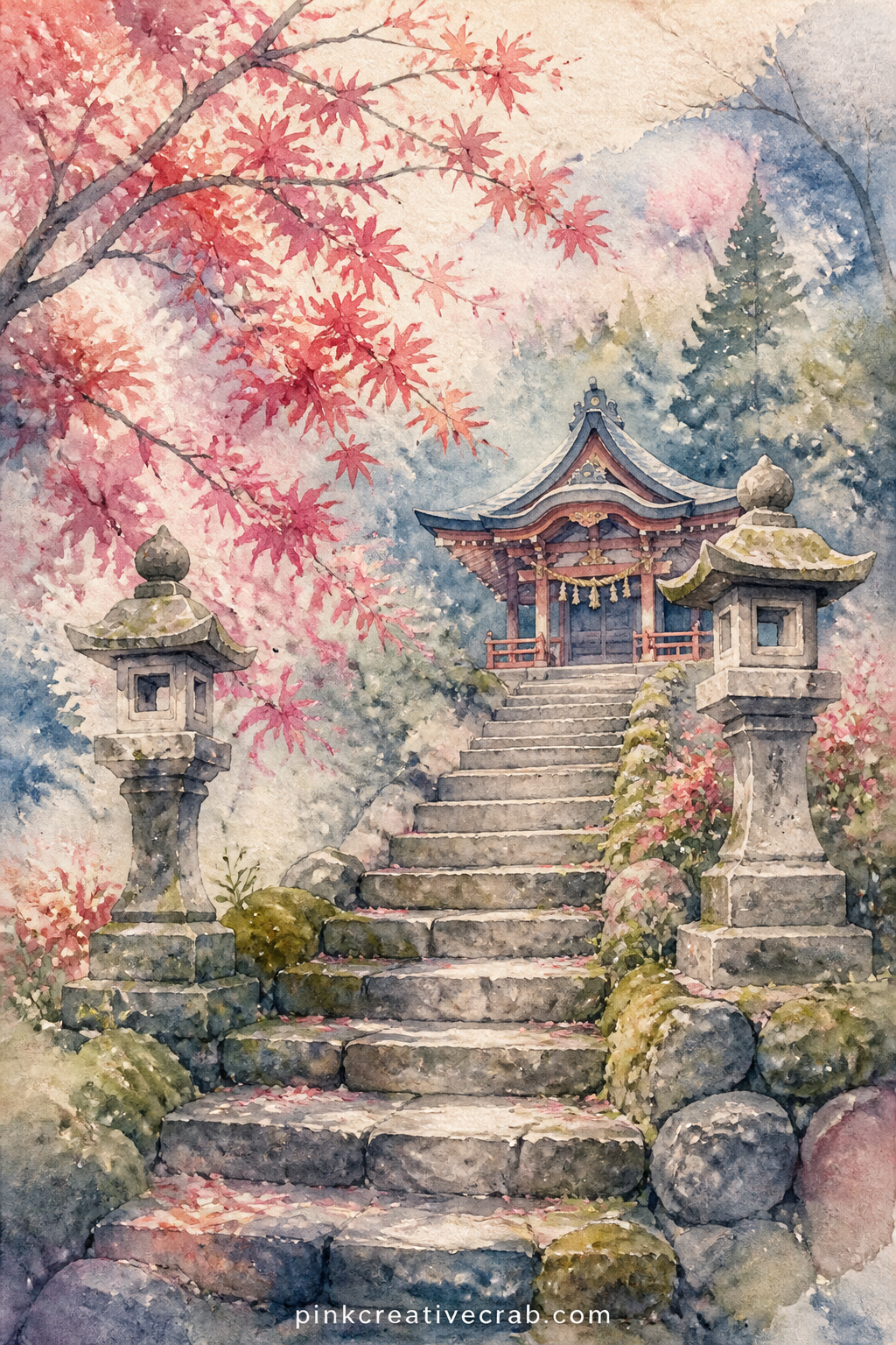 Shrine Steps And Stone Lanterns printable page — Stone steps climb toward a small shrine between two lanterns, moss creeping along the edges of the stairs and